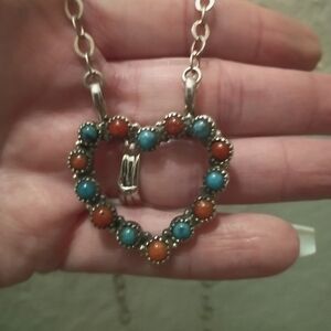 Kingsman Turquoise & Coral Sterling Heart Pendant Necklace